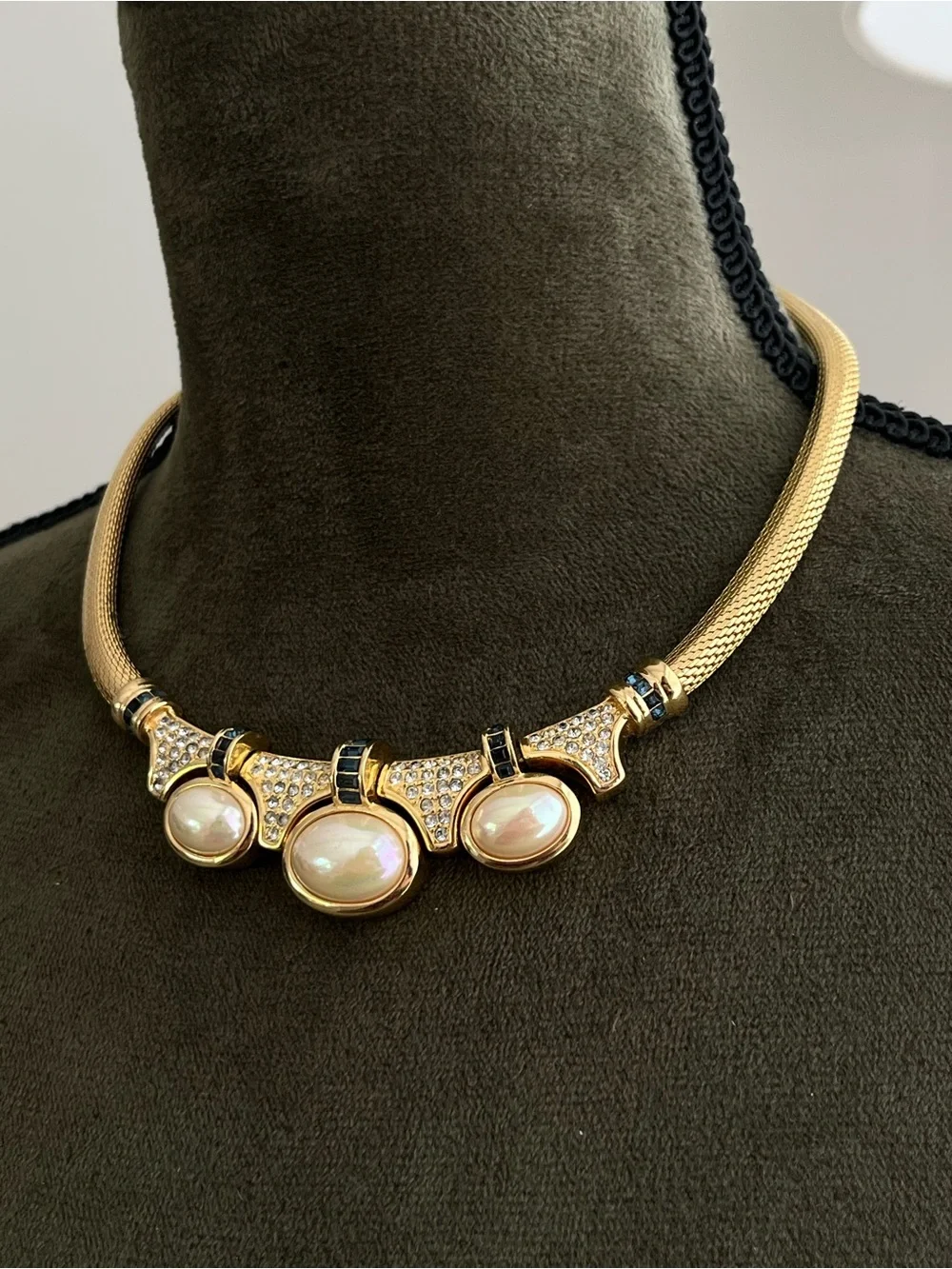Authentic Vintage Dior Oval Pearl Cabochon Blue Stone Mesh Gold Bib Necklace